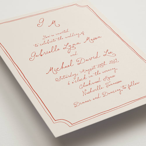 This is a cherry wedding invitations with standard by Kelly Watkins called felicity printing on signature in standard