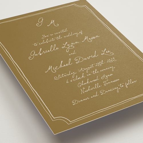 This is a latte wedding invitations with standard by Kelly Watkins called felicity printing on signature in standard