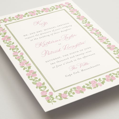 This is a blush wedding invitations with standard by Creo Study called pillowy border printing on signature in standard