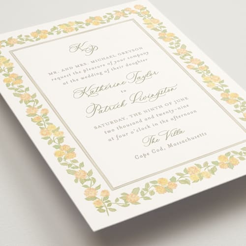 This is a butter wedding invitations with standard by Creo Study called pillowy border printing on signature in standard