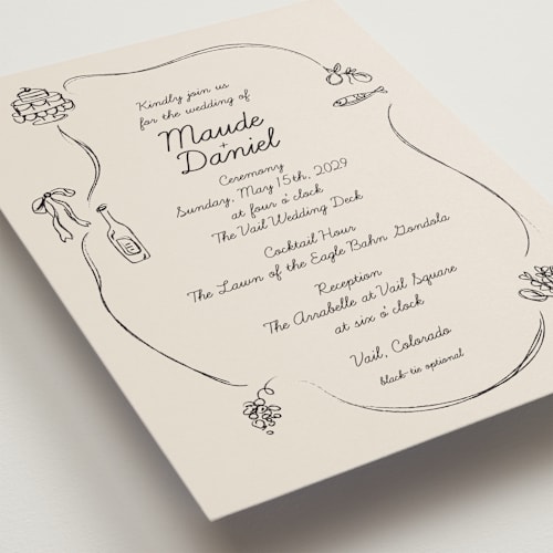 This is a ivory wedding invitations with standard by Aviva Atri called sketchbook love printing on signature in standard