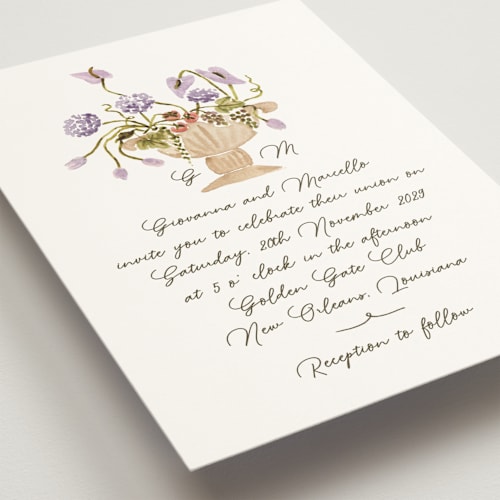 This is a lilac wedding invitations with standard by Pati Cascino called barolo printing on signature in standard