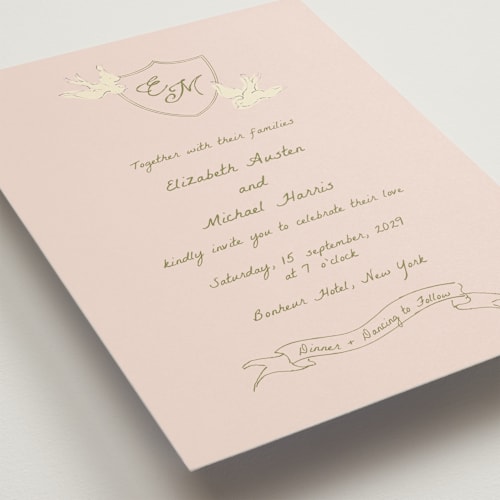 This is a heaven wedding invitations with standard by Helena Vitto called birds of paradise printing on signature in standard