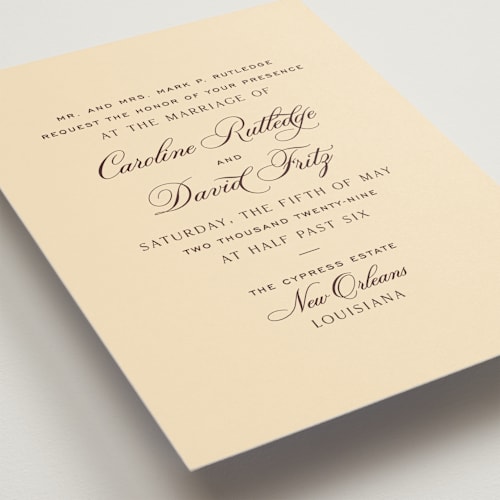 This is a butter wedding invitations with standard by Megan Davis called nola printing on signature in standard