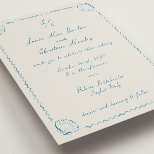 This is a ocean wedding invitations with standard by Pati Cascino called puglia printing on signature in standard