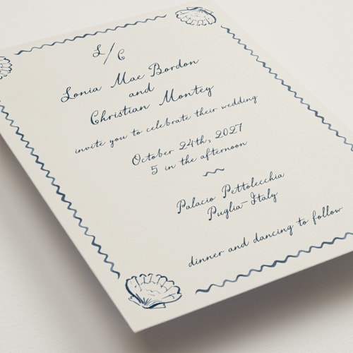 This is a deep ocean wedding invitations with standard by Pati Cascino called puglia printing on signature in standard