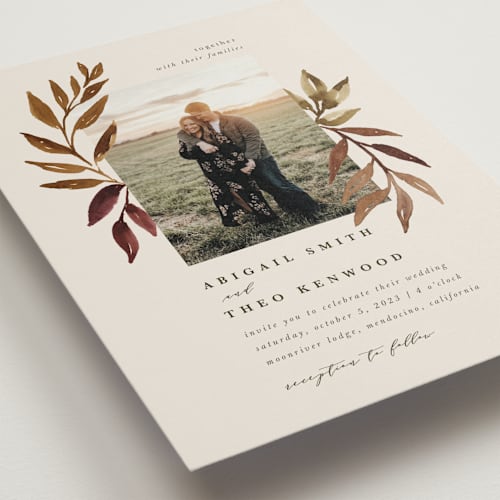 This is a leather wedding invitations with standard by Kate Ahn called botanical portrait printing on signature in standard
