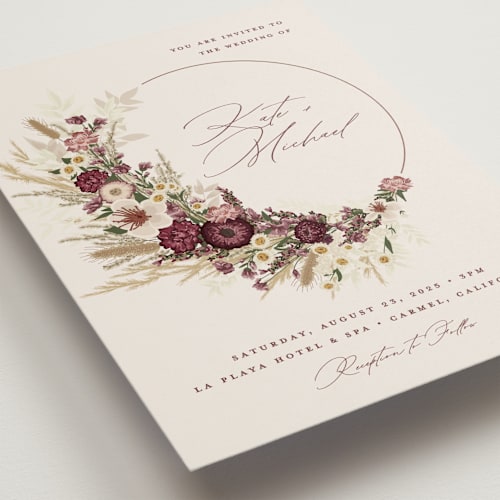 This is a cabernet wedding invitations with standard by Erin Deegan called dried floral wreath printing on signature in standard