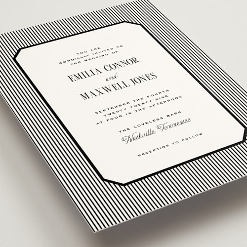 This is a noir wedding invitations with standard by Emily Betts called modern stripes printing on signature in standard