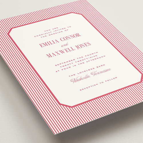 This is a dragon fruit wedding invitations with standard by Emily Betts called modern stripes printing on signature in standard