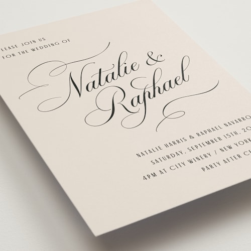 This is a black tie wedding invitations with standard by Hooray Creative called scripted names printing on signature in standard