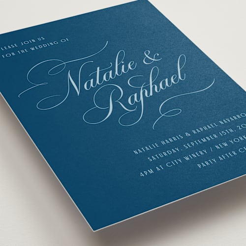This is a navy wedding invitations with standard by Hooray Creative called scripted names printing on signature in standard