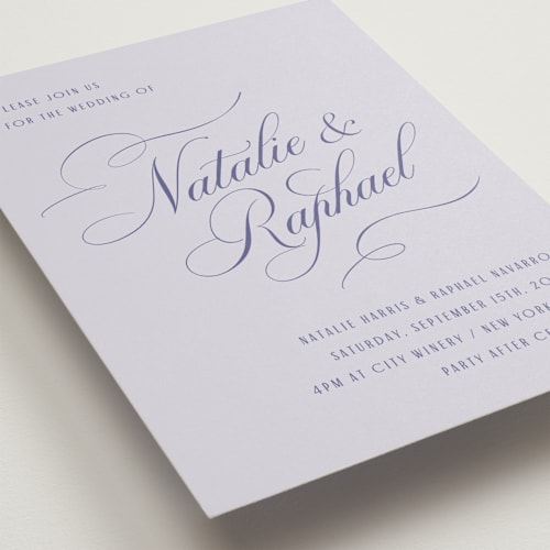 This is a violet wedding invitations with standard by Hooray Creative called scripted names printing on signature in standard