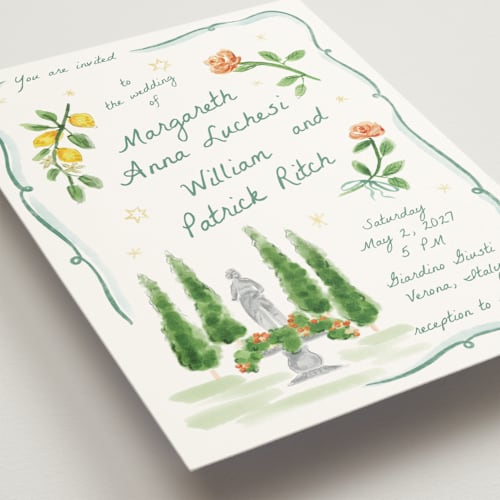 This is a celadon wedding invitations with standard by Pati Cascino called giardino printing on signature in standard