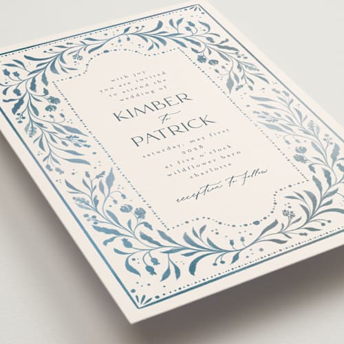 This is a delft blue wedding invitations with standard by Ashley DeMeyere called porcelain printing on signature in standard