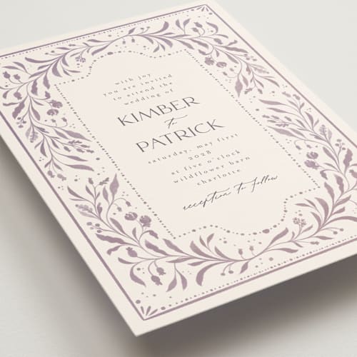 This is a lavender dusk wedding invitations with standard by Ashley DeMeyere called porcelain printing on signature in standard