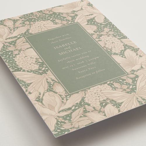 This is a sage wedding invitations with standard by Sabrin Deirani called magnolias printing on signature in standard