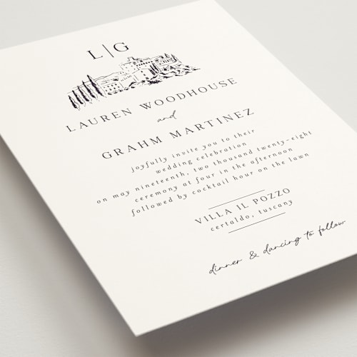 This is a eggplant wedding invitations with standard by Shiny Penny Studio called countryside villa printing on signature in standard