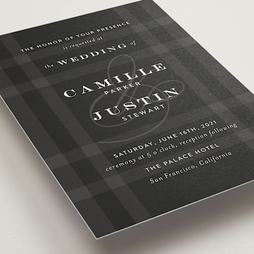 This is a obsidian wedding invitations with standard by Jill Means called wedding plaid printing on signature in standard