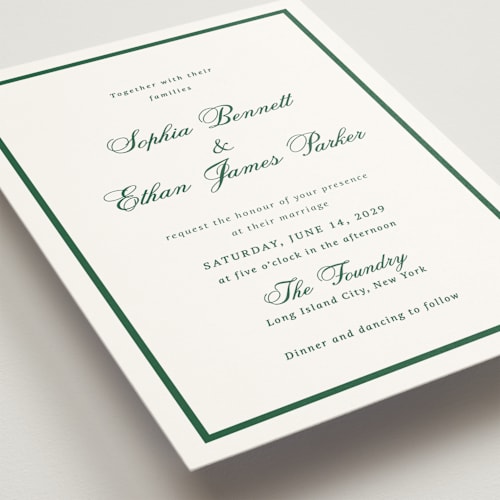 This is a emerald noir wedding invitations with standard by Cass Loh called chic union printing on signature in standard