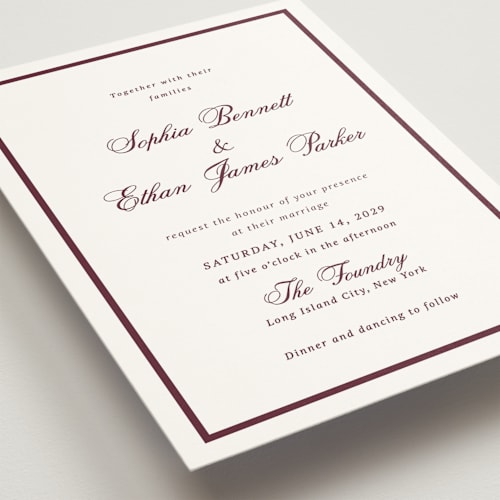 This is a dark merlot wedding invitations with standard by Cass Loh called chic union printing on signature in standard