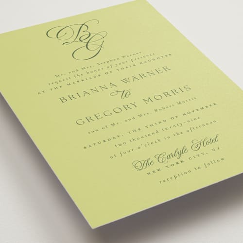 This is a chartreuse wedding invitations with standard by Everett Paper Goods called carlyle printing on signature in standard