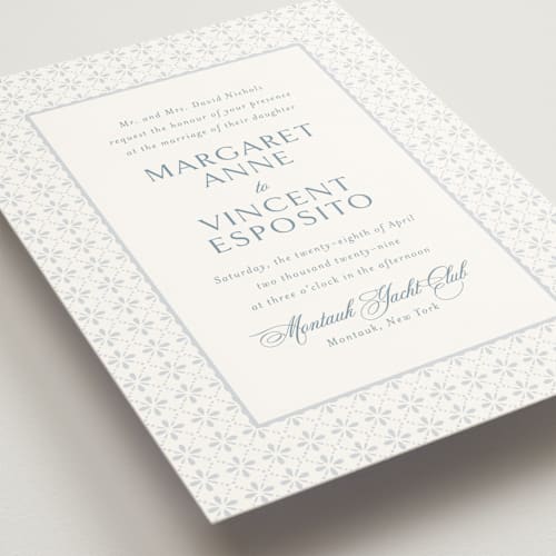 This is a dusty blue wedding invitations with standard by Jennifer Postorino called coastal charm printing on signature in standard