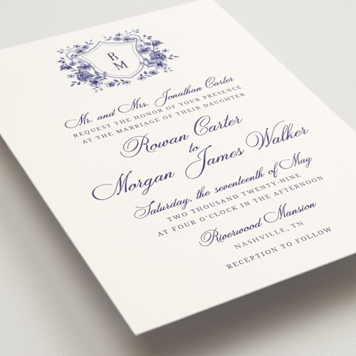 This is a plum wedding invitations with standard by Cass Loh called blooming crest printing on signature in standard