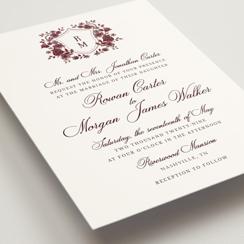 This is a burgundy velvet wedding invitations with standard by Cass Loh called blooming crest printing on signature in standard