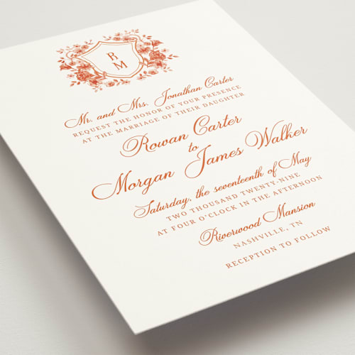 This is a burnt terracotta wedding invitations with standard by Cass Loh called blooming crest printing on signature in standard