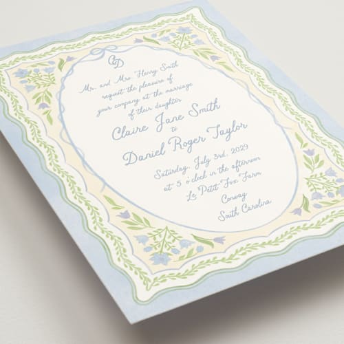 This is a powder blue wedding invitations with standard by Creo Study called folk garden printing on signature in standard