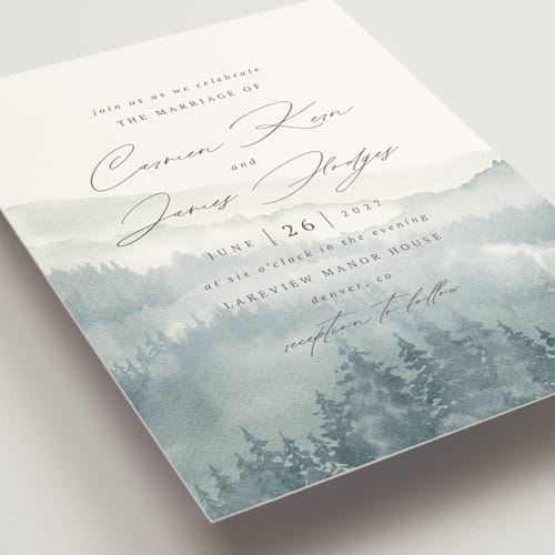 This is a fog wedding invitations with standard by Helen Halik called over the mountains printing on signature in standard