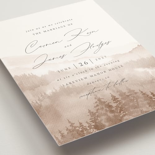 This is a cappuccino wedding invitations with standard by Helen Halik called over the mountains printing on signature in standard