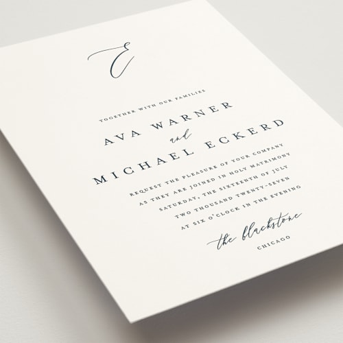 This is a navy wedding invitations with standard by Jennifer Postorino called delicate printing on signature in standard