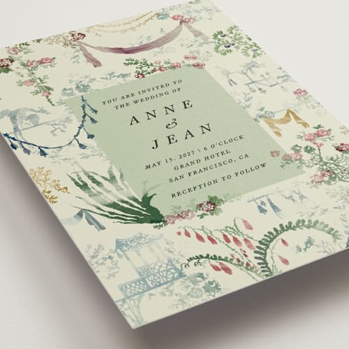 This is a greenhouse wedding invitations with standard by Sumak Studio called chinoiserie printing on signature in standard