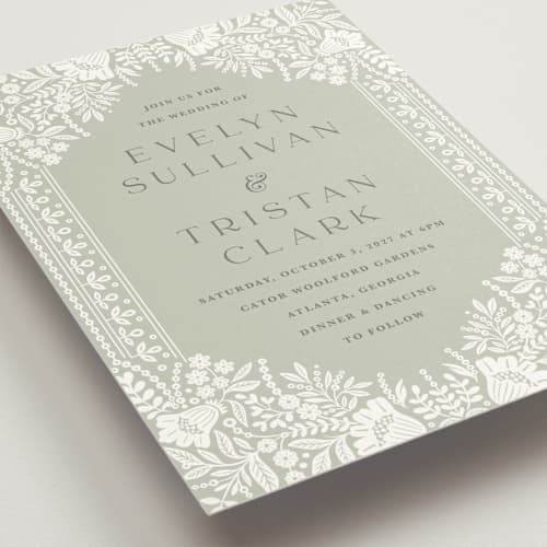 This is a sage wedding invitations with standard by Kristen Smith called lace trim printing on signature in standard