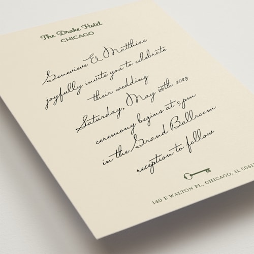 This is a olive wedding invitations with standard by Studio Suku called hotel printing on signature in standard