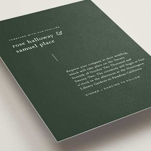 This is a pine needle wedding invitations with standard by Bramble Studio called a dash of delight printing on signature in standard