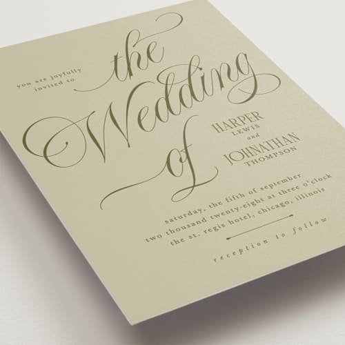 This is a moss wedding invitations with standard by Kate Ahn called mirin printing on signature in standard