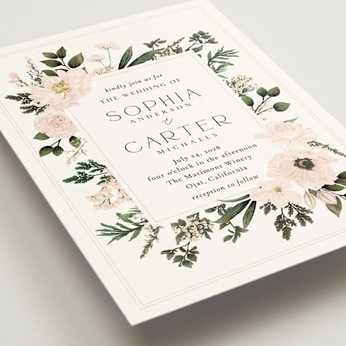 This is a blush wedding invitations with standard by Susan Moyal called botanical love printing on signature in standard