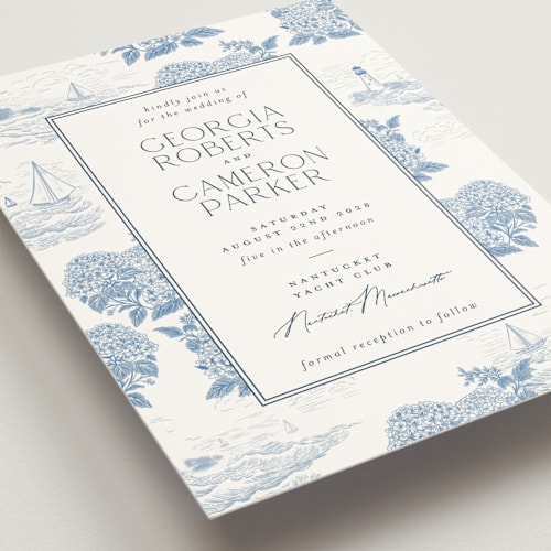 This is a sea wedding invitations with standard by Jenna Holcomb called coastal toile printing on signature in standard
