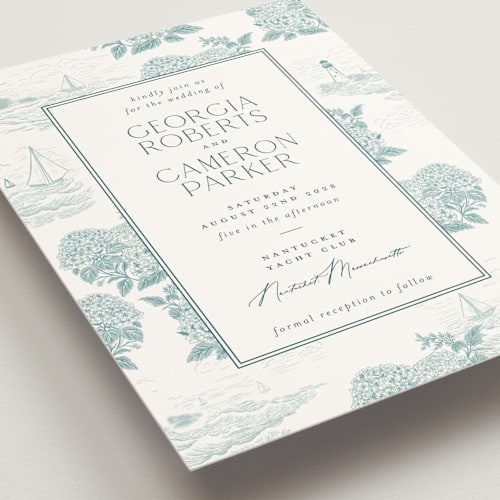 This is a seaglass wedding invitations with standard by Jenna Holcomb called coastal toile printing on signature in standard
