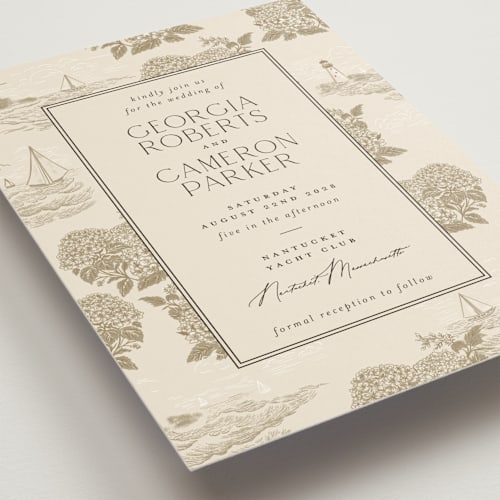 This is a sand wedding invitations with standard by Jenna Holcomb called coastal toile printing on signature in standard