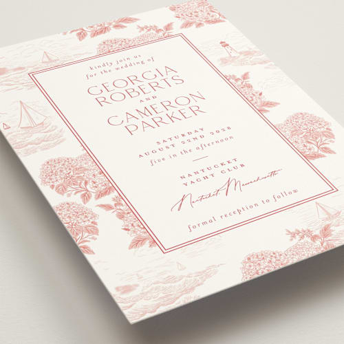 This is a coral wedding invitations with standard by Jenna Holcomb called coastal toile printing on signature in standard