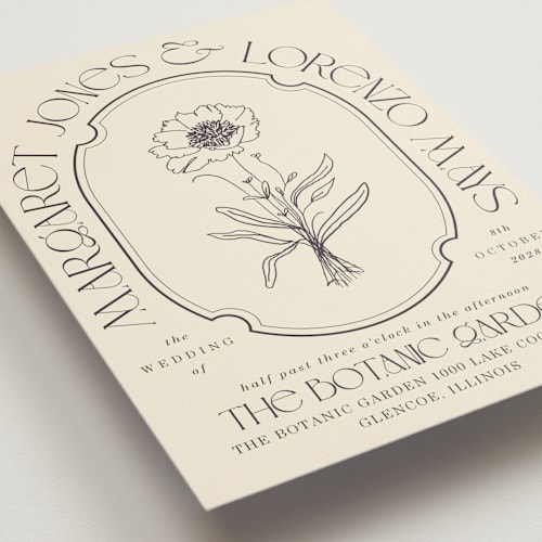 This is a ecru wedding invitations with standard by Baumbirdy called flora arch printing on signature in standard