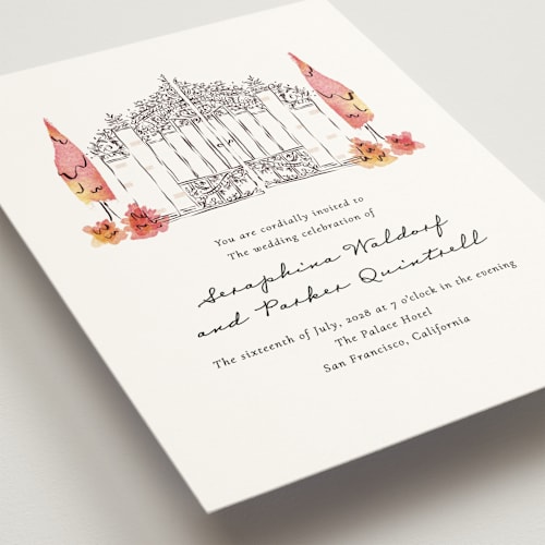 This is a burnt sienna wedding invitations with standard by Jackie Crawford called hand illustrated garden gate printing on signature in standard