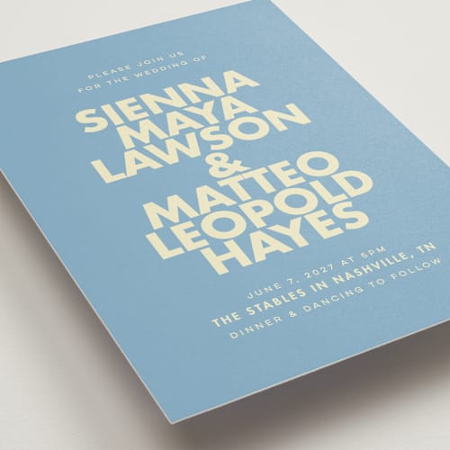 This is a skyblue wedding invitations with standard by Ellen Schlegelmilch called sienna printing on signature in standard