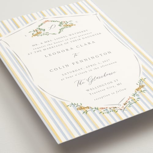 This is a lemon wedding invitations with standard by Corinne Malesic called vintage whimsy printing on signature in standard