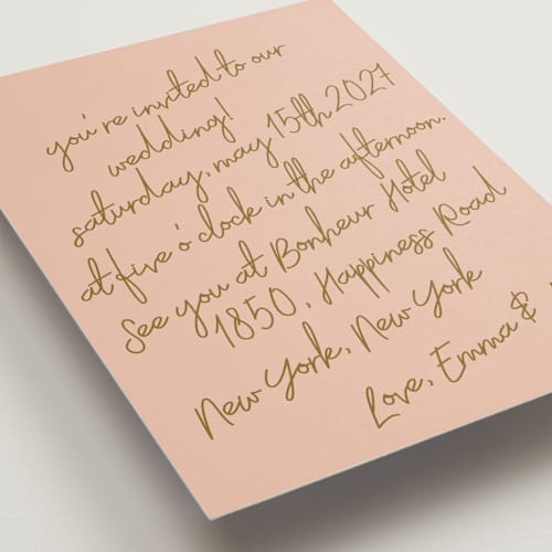 This is a butterscotch wedding invitations with standard by Helena Vitto called handwritten letter printing on signature in standard