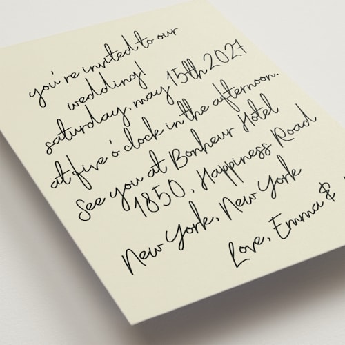 This is a noir wedding invitations with standard by Helena Vitto called handwritten letter printing on signature in standard